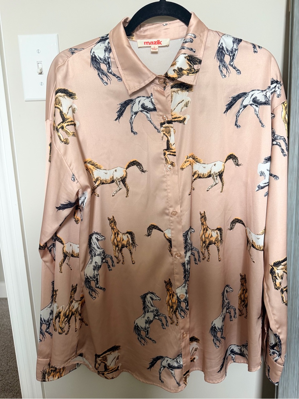 Mazik Blush Pink Horse-Print Long Sleeve Button-Down Shirt